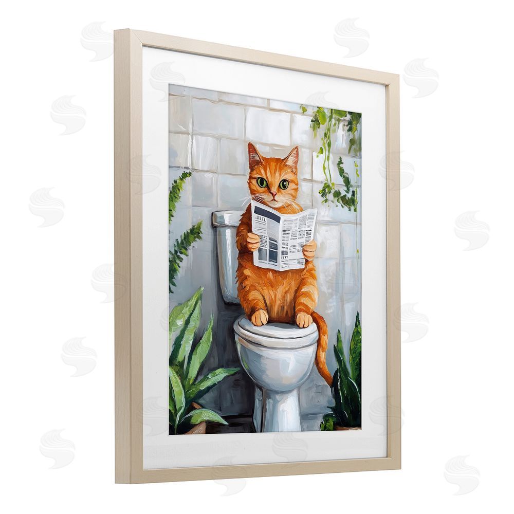 The Prints Vibe Orange Cat Reading Paper Brown Framed Print Under Glass Wall Art