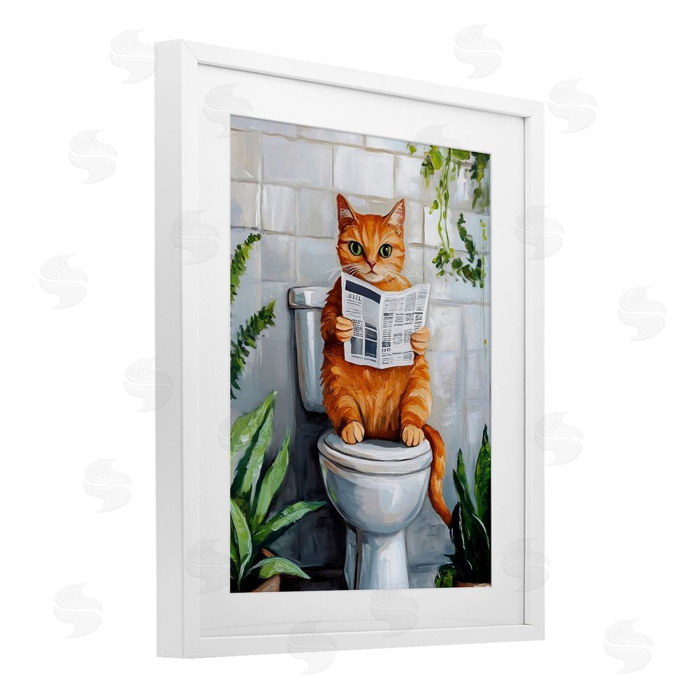 The Prints Vibe Orange Cat Reading Paper White Framed Print Under Glass Wall Art
