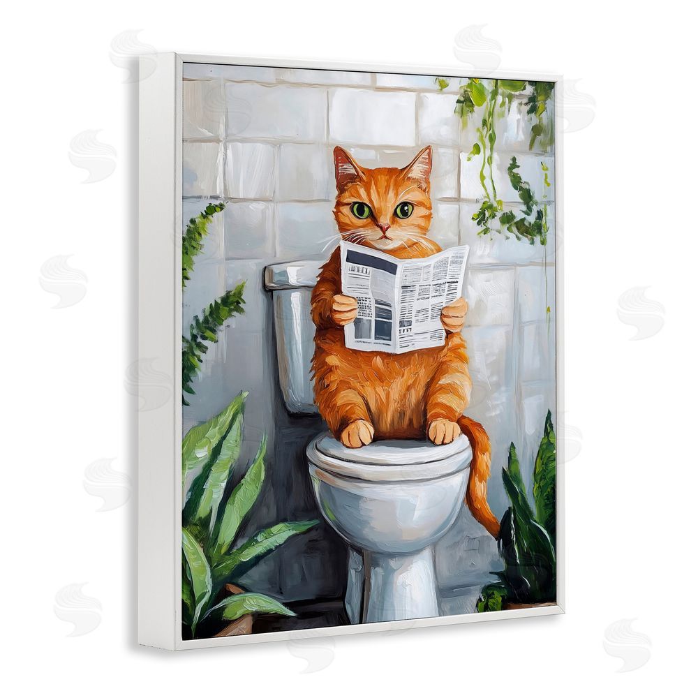 The Prints Vibe Orange Cat Reading Paper White Framed Giclee Wall Art