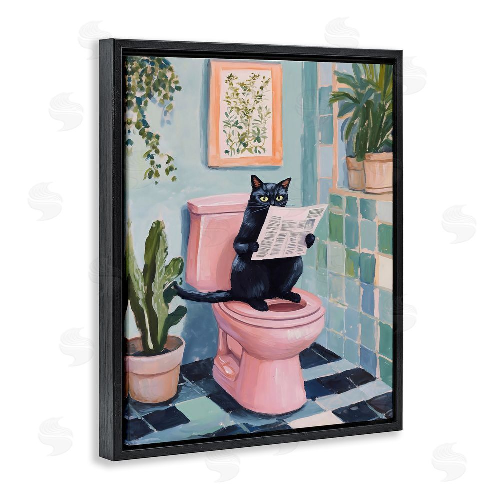 The Prints Vibe Cat Reading on Pink Toilet Black Floating Frame Stretched Canvas Wall Art Print