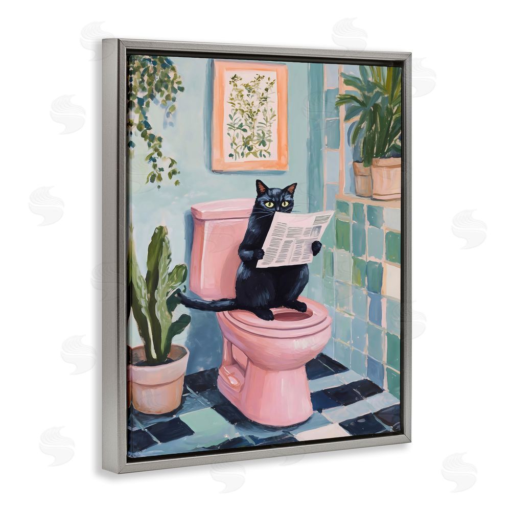 The Prints Vibe Cat Reading on Pink Toilet Gray Floating Frame Stretched Canvas Wall Art Print