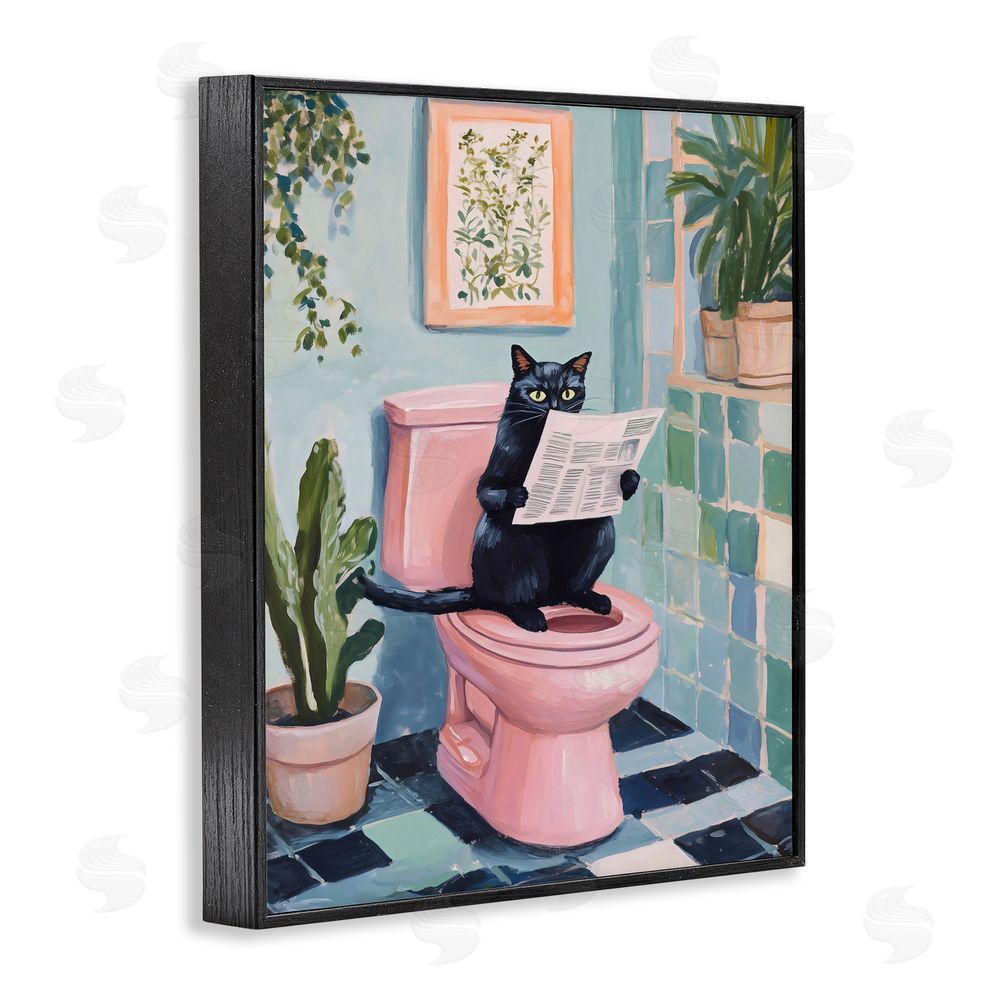 The Prints Vibe Cat Reading on Pink Toilet Black Framed Giclee Wall Art Print
