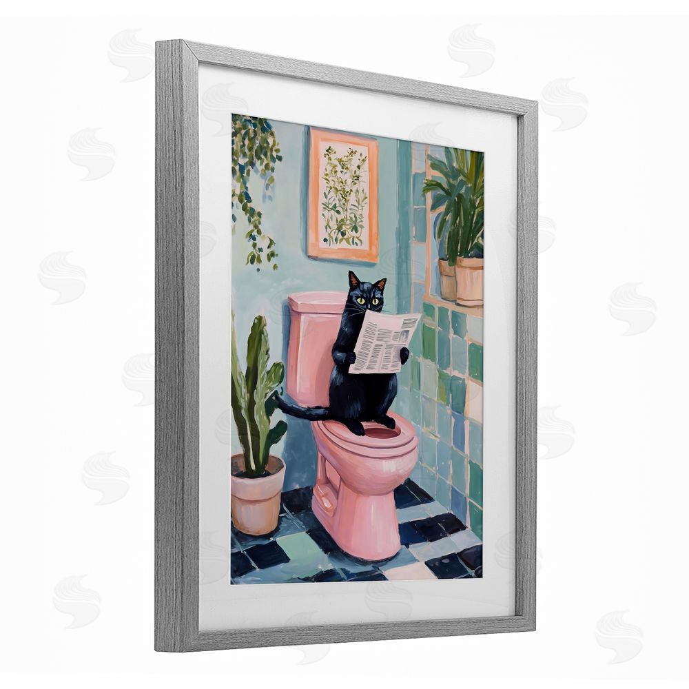 The Prints Vibe Cat Reading on Pink Toilet Gray Framed Print Under Glass with Matting Wall Art