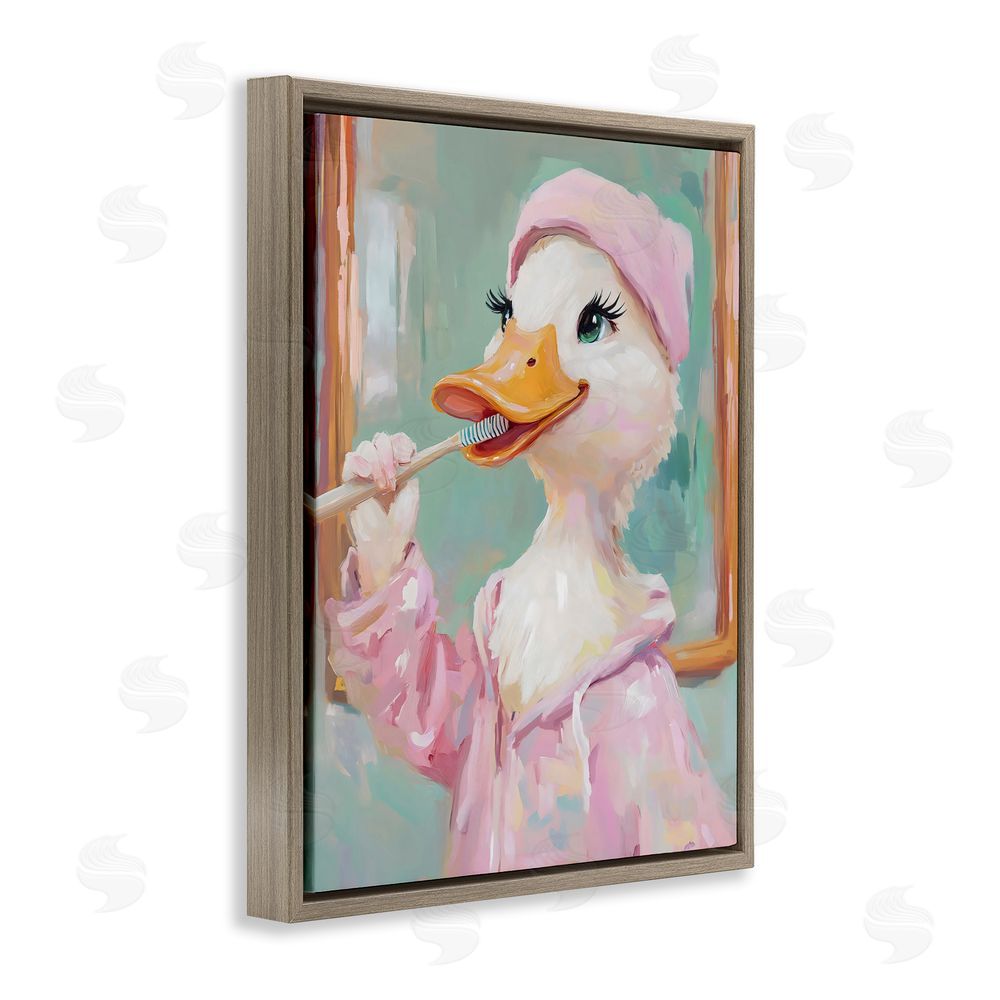 The Prints Vibe Duck Brushing Teeth Brown Floating Frame Canvas Wall Art Print