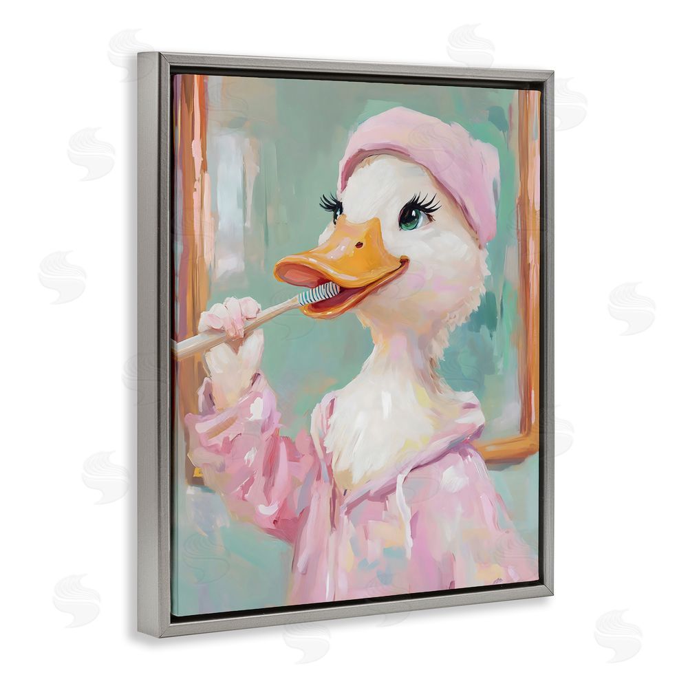 The Prints Vibe Duck Brushing Teeth Gray Floating Frame Canvas Wall Art Print