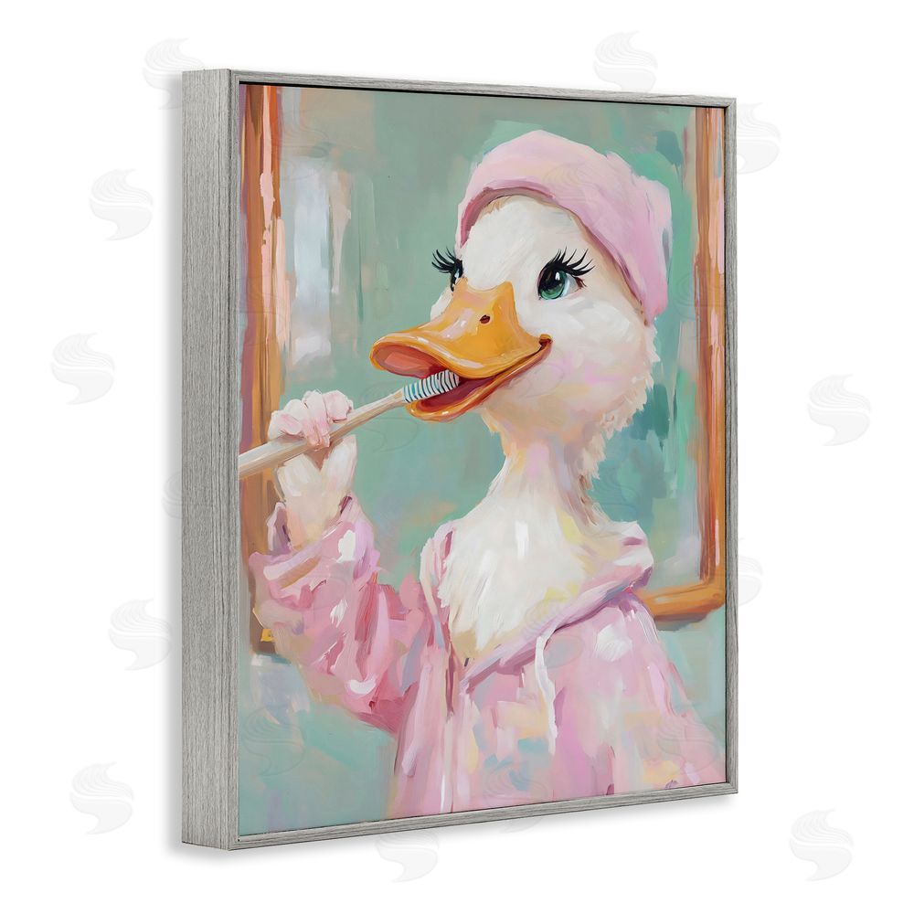 The Prints Vibe Duck Brushing Teeth Gray Framed Giclee Wall Art Print