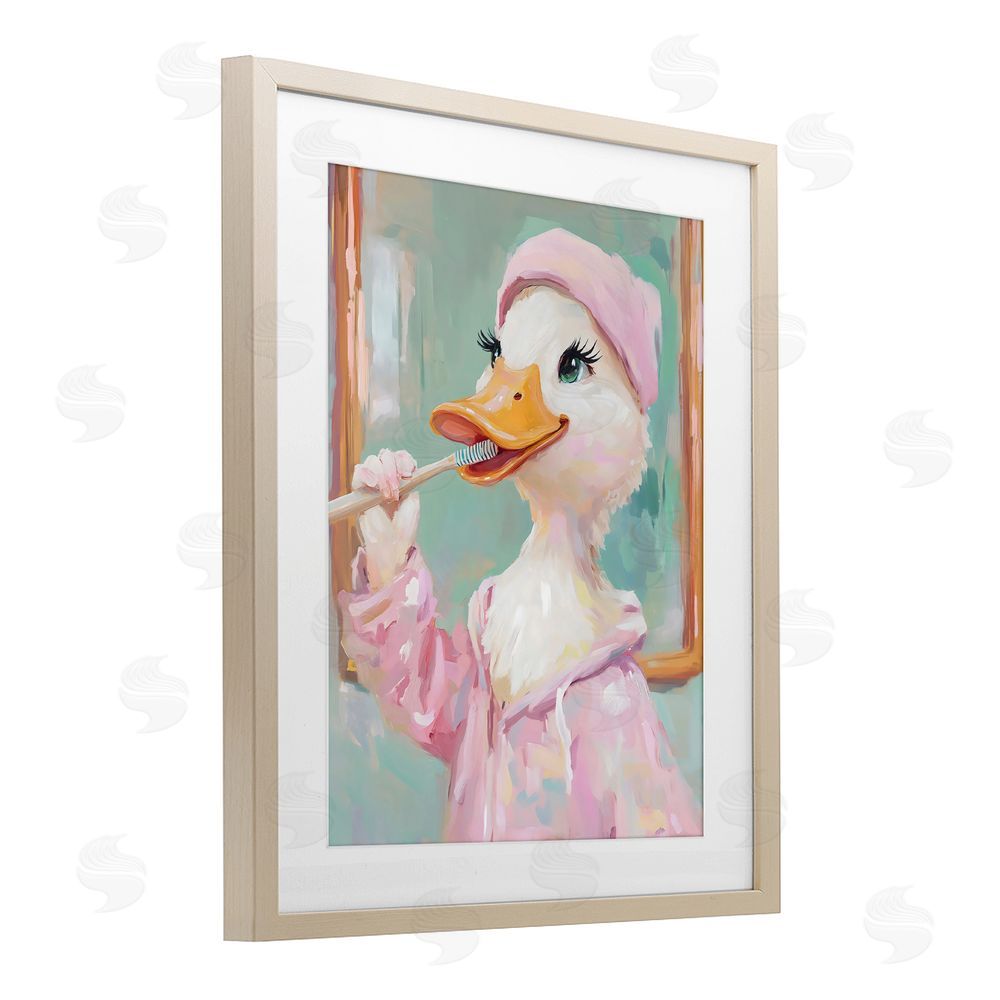 The Prints Vibe Duck Brushing Teeth Brown Framed Print Under Glass Wall Art