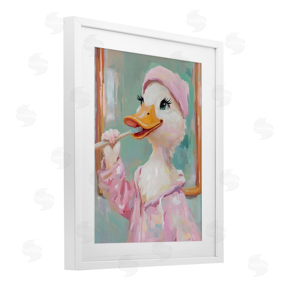 The Prints Vibe Duck Brushing Teeth White Framed Print Under Glass Wall Art