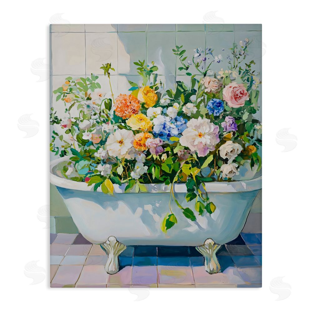 The Prints Vibe Vintage Bathtub Bouquet Overgrowth Stretched Canvas Wall Art Print