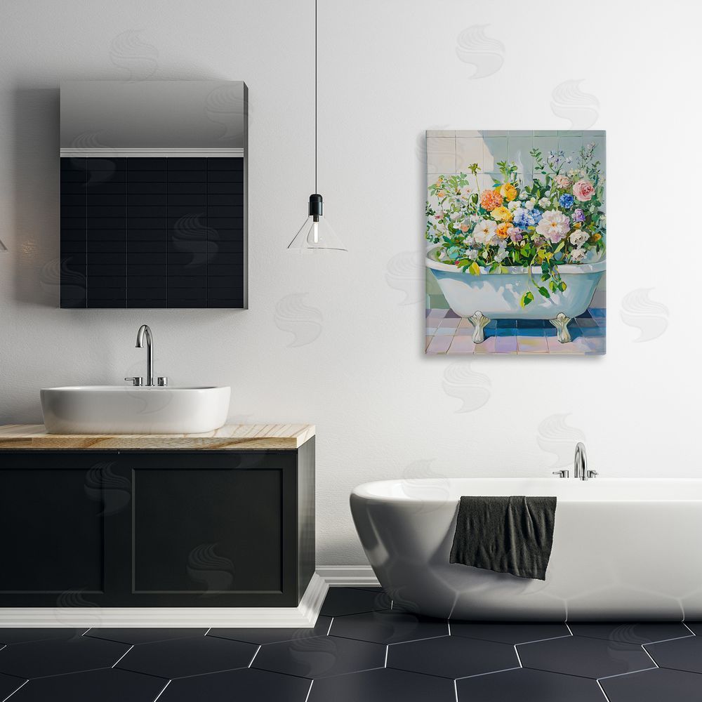 The Prints Vibe Vintage Bathtub Bouquet Overgrowth Stretched Canvas on Wall