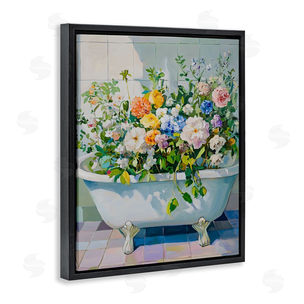 The Prints Vibe Vintage Bathtub Bouquet Overgrowth Black Floating Framed Canvas Wall Art Print