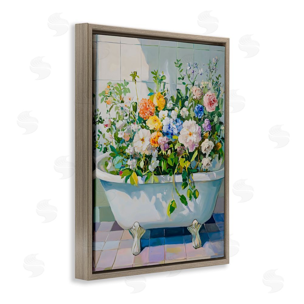 The Prints Vibe Vintage Bathtub Bouquet Overgrowth Brown Floating Framed Canvas Wall Art Print