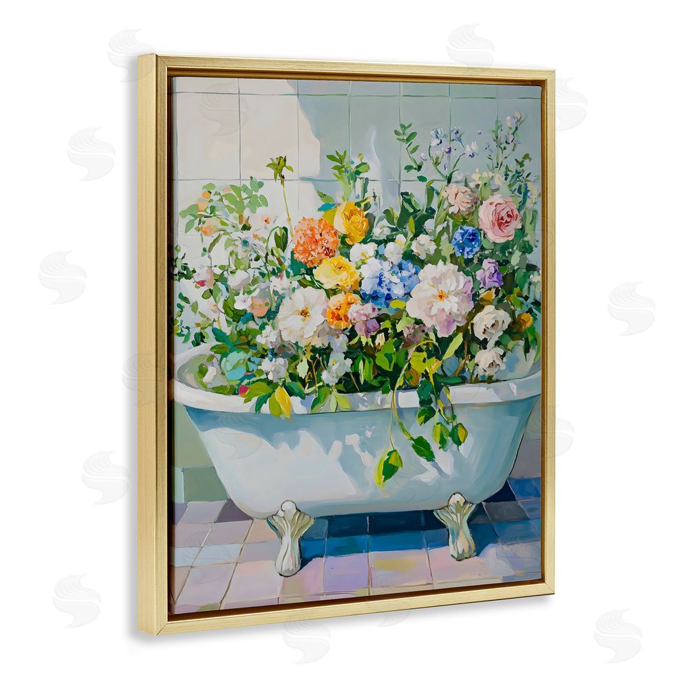 The Prints Vibe Vintage Bathtub Bouquet Overgrowth Gold Floating Framed Canvas Wall Art Print