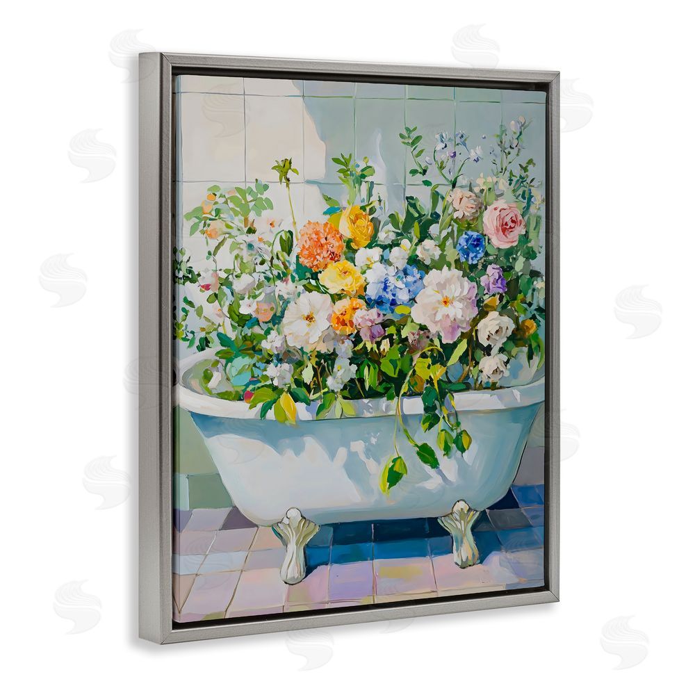The Prints Vibe Vintage Bathtub Bouquet Overgrowth Gray Floating Framed Canvas Wall Art Print