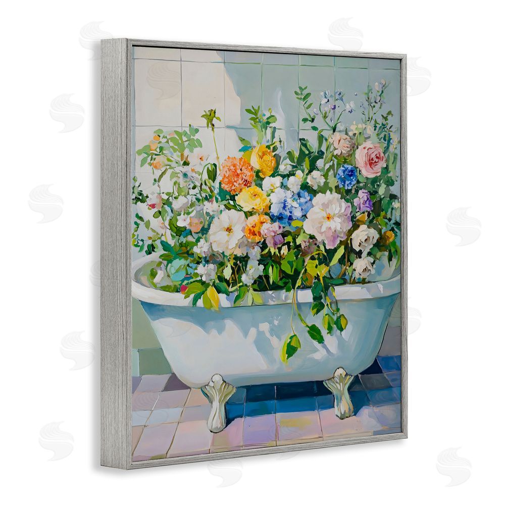 The Prints Vibe Vintage Bathtub Bouquet Overgrowth Gray Framed Giclee Wall Art Print