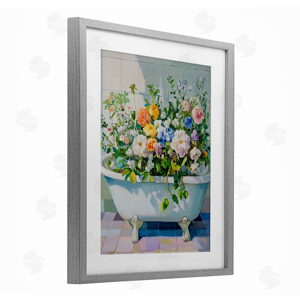 The Prints Vibe Vintage Bathtub Bouquet Overgrowth Gray Framed Print Under Glass with White Mat Wall Art