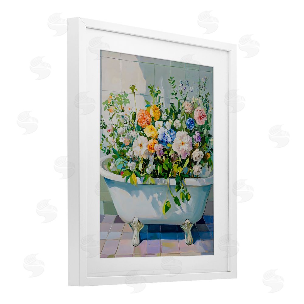 The Prints Vibe Vintage Bathtub Bouquet Overgrowth White Framed Print Under Glass with White Mat Wall Art