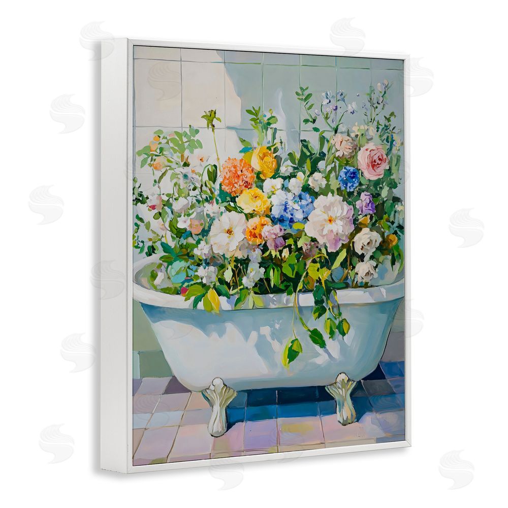 The Prints Vibe Vintage Bathtub Bouquet Overgrowth White Framed Giclee Wall Art Print