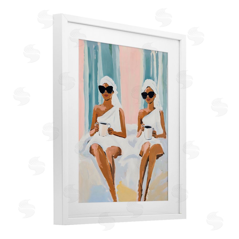 The Prints Vibe Girls Spa Day with Coffee White Framed Print Under Glass Wall Art