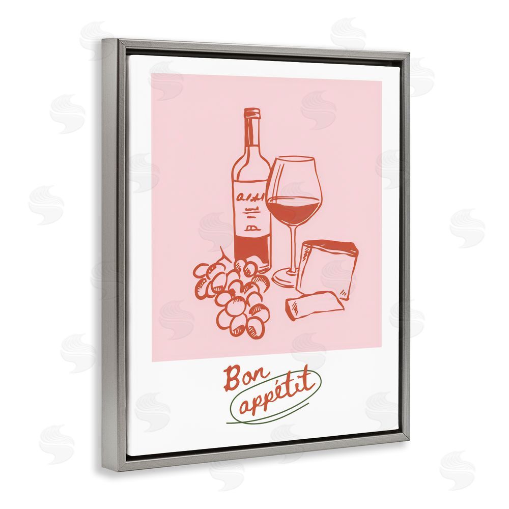 The Prints Vibe Bon Appetit Wine & Grapes Gray Floating Frame Stretched Canvas Wall Art Print