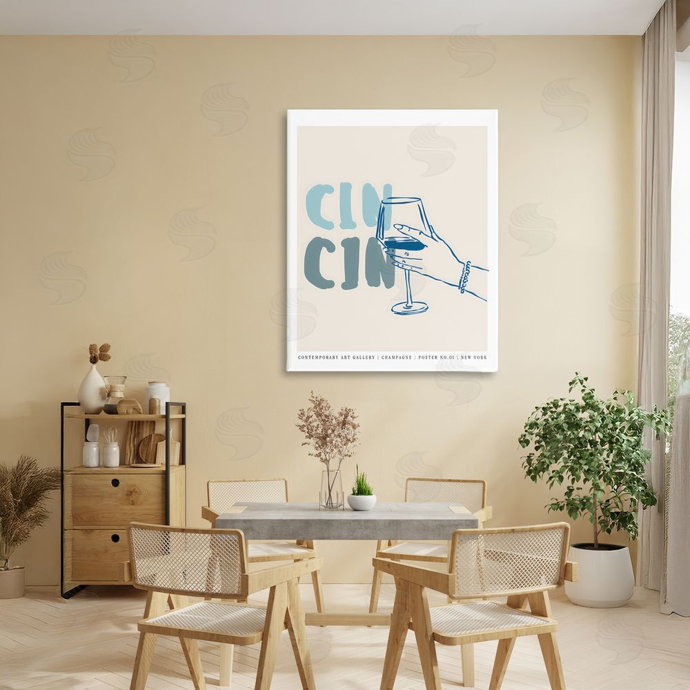 The Prints Vibe Cin Cin Blue Champagne Toast Stretched Canvas Wall Art in Room