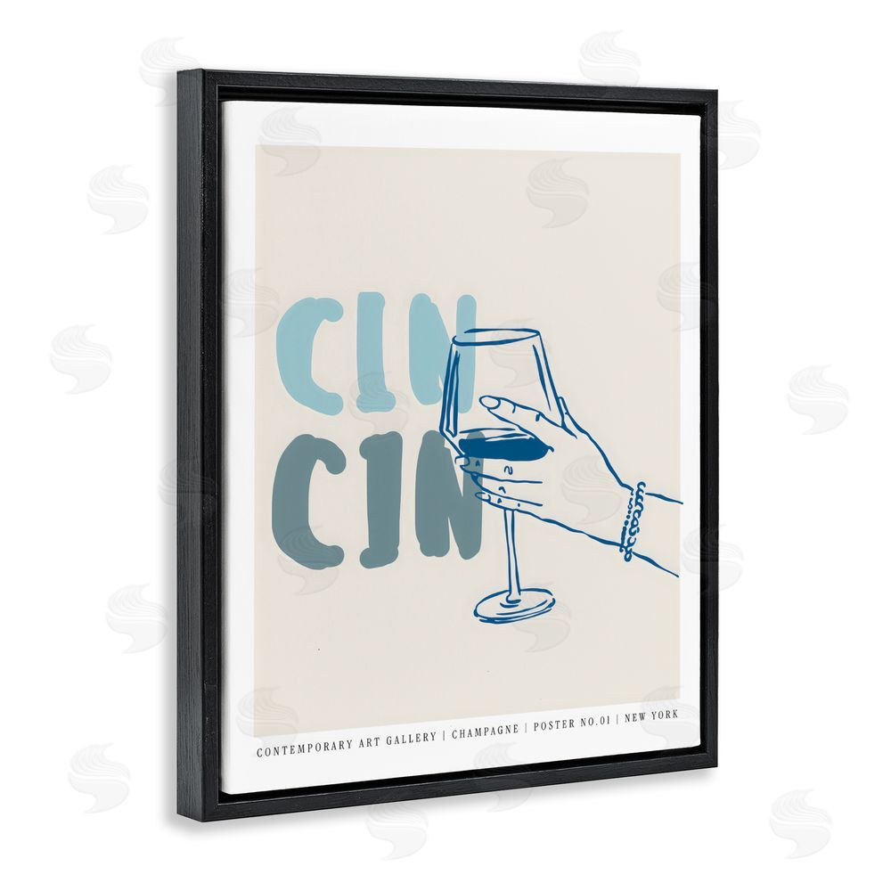 The Prints Vibe Cin Cin Blue Champagne Toast Black Floating Frame Canvas Wall Art Print