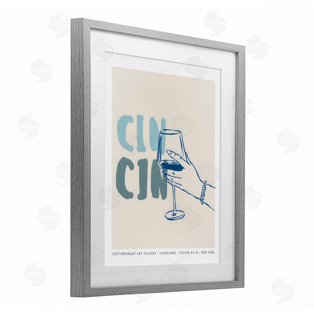 The Prints Vibe Cin Cin Blue Champagne Toast Gray Framed Print Under Glass Wall Art