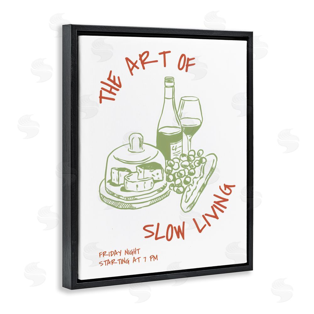 The Prints Vibe Slow Living Wine & Cheese Black Floating Framed Canvas Wall Art Print