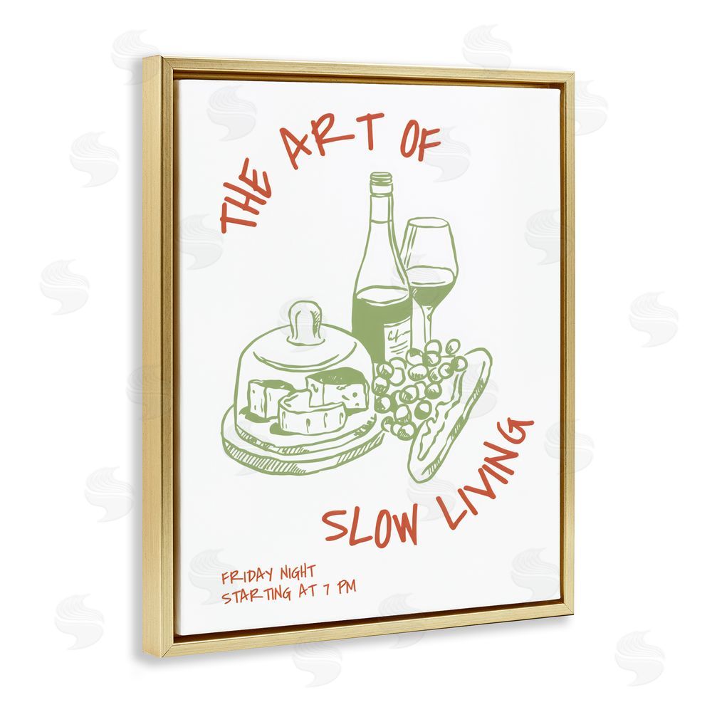The Prints Vibe Slow Living Wine & Cheese Gold Floating Framed Canvas Wall Art Print