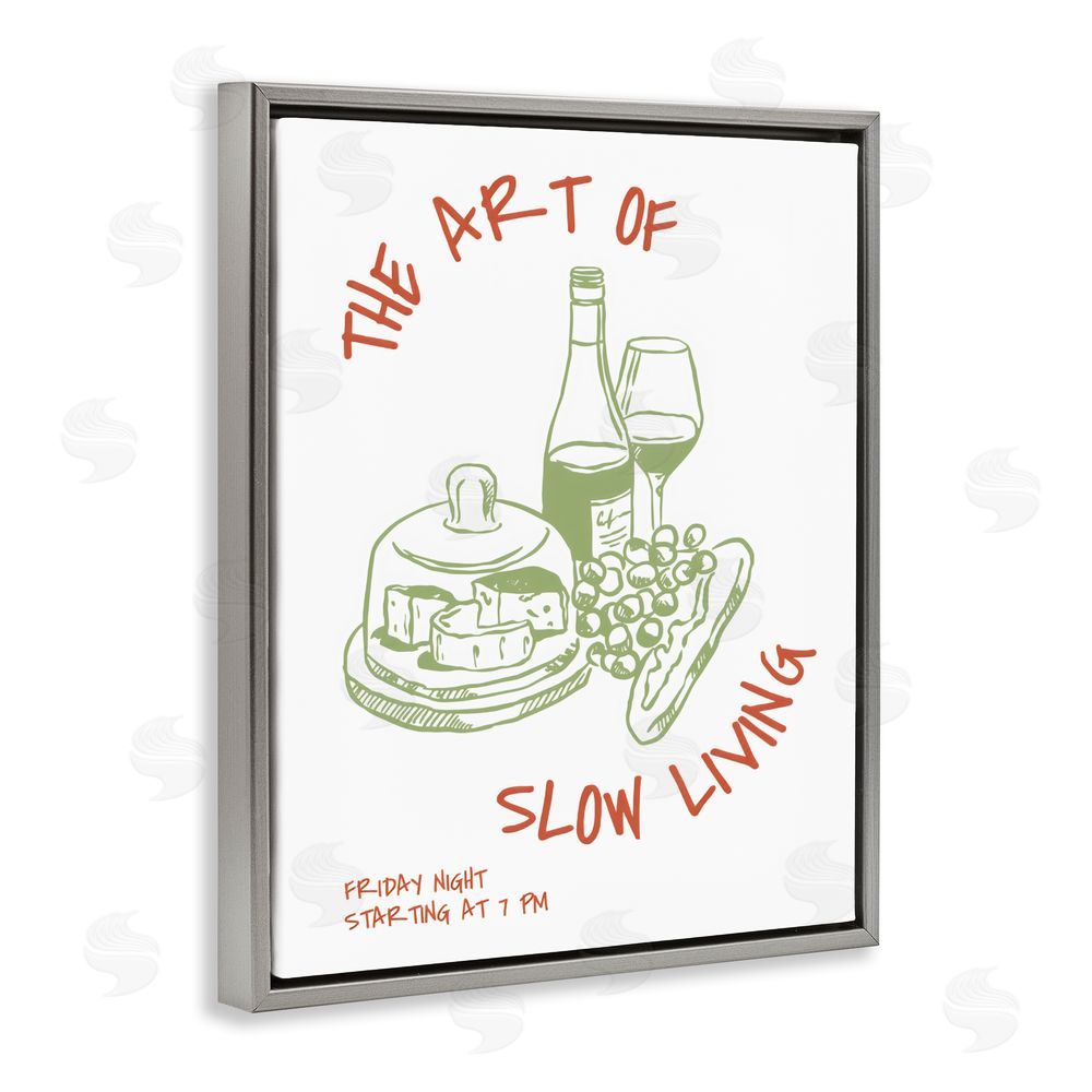 The Prints Vibe Slow Living Wine & Cheese Gray Floating Framed Canvas Wall Art Print