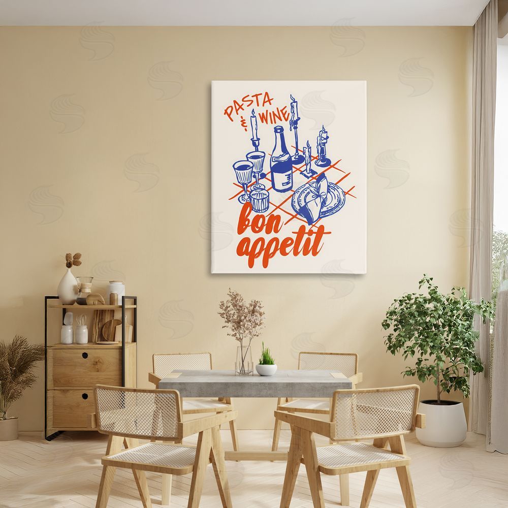 The Prints Vibe Pasta & Wine Bon Appetit Stretched Canvas Wall Art in Room