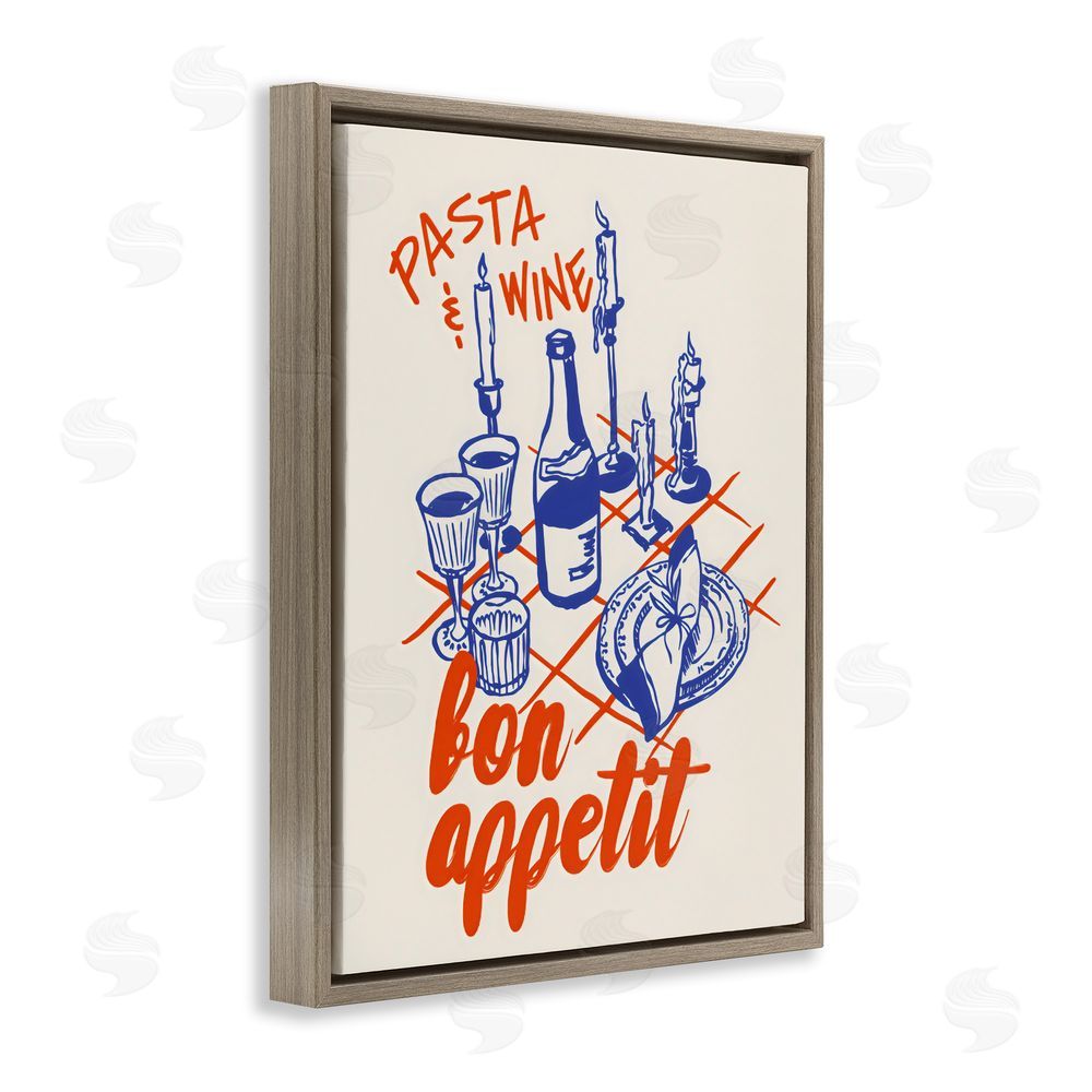 The Prints Vibe Pasta & Wine Bon Appetit Brown Floating Framed Canvas Wall Art