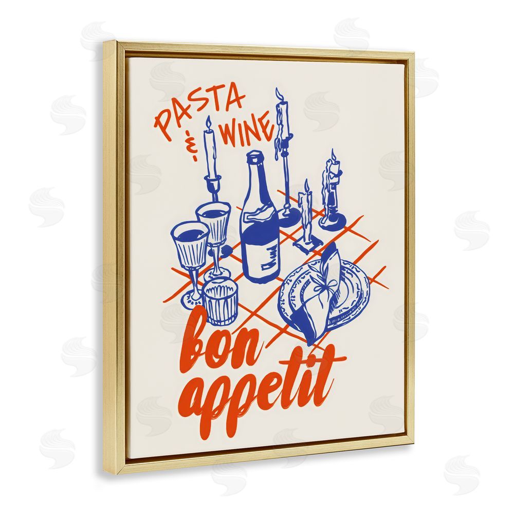 The Prints Vibe Pasta & Wine Bon Appetit Gold Floating Framed Canvas Wall Art