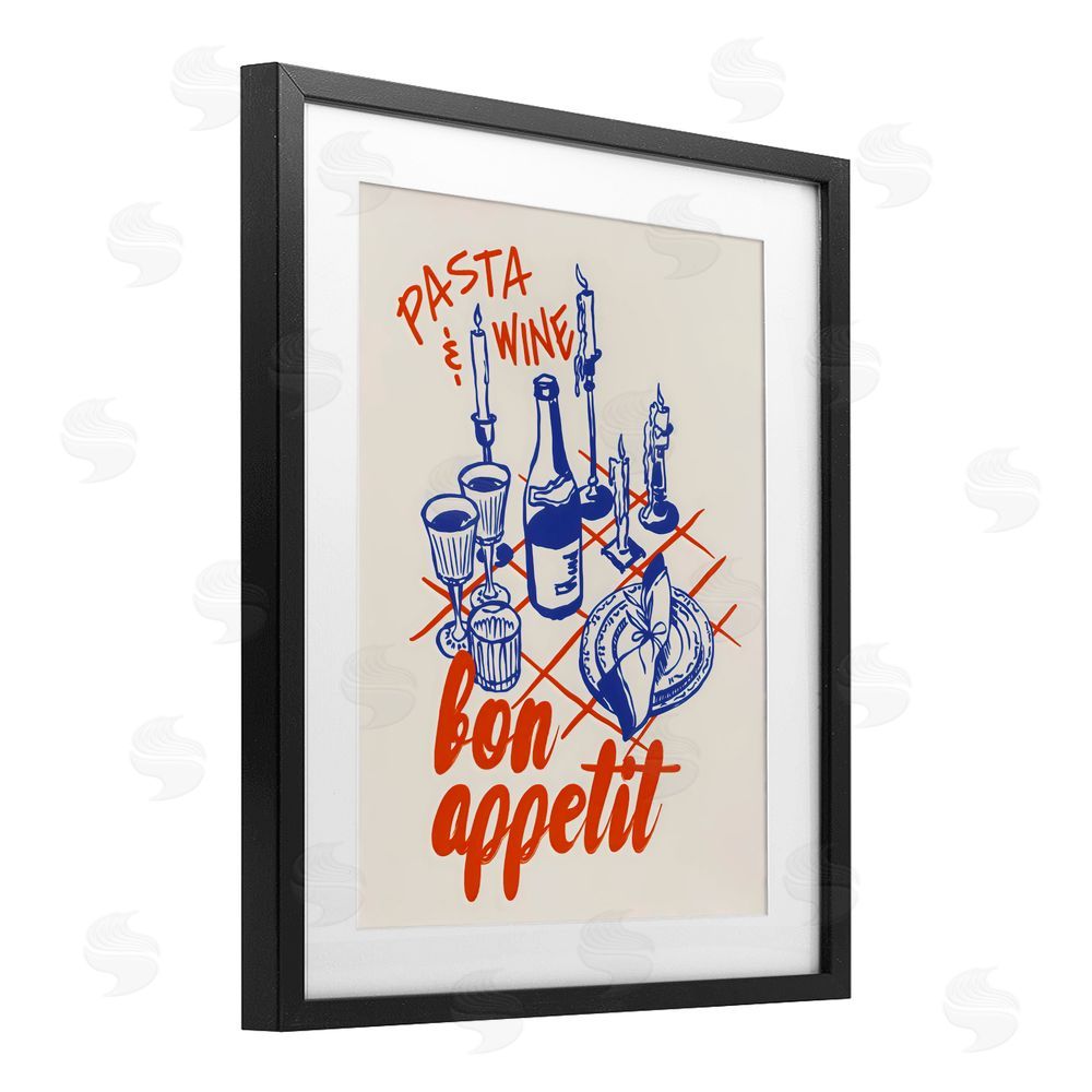 The Prints Vibe Pasta & Wine Bon Appetit Black Framed Print Under Glass Wall Art