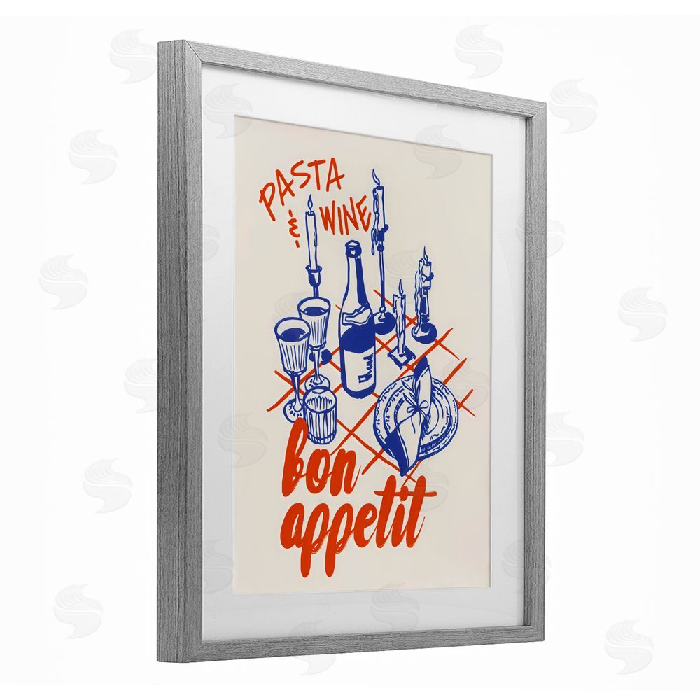 The Prints Vibe Pasta & Wine Bon Appetit Gray Framed Print Under Glass Wall Art
