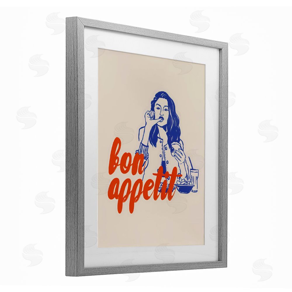 The Prints Vibe Bon Appetit Woman Enjoying Meal Gray Framed Print Under Glass with Matting Wall Art