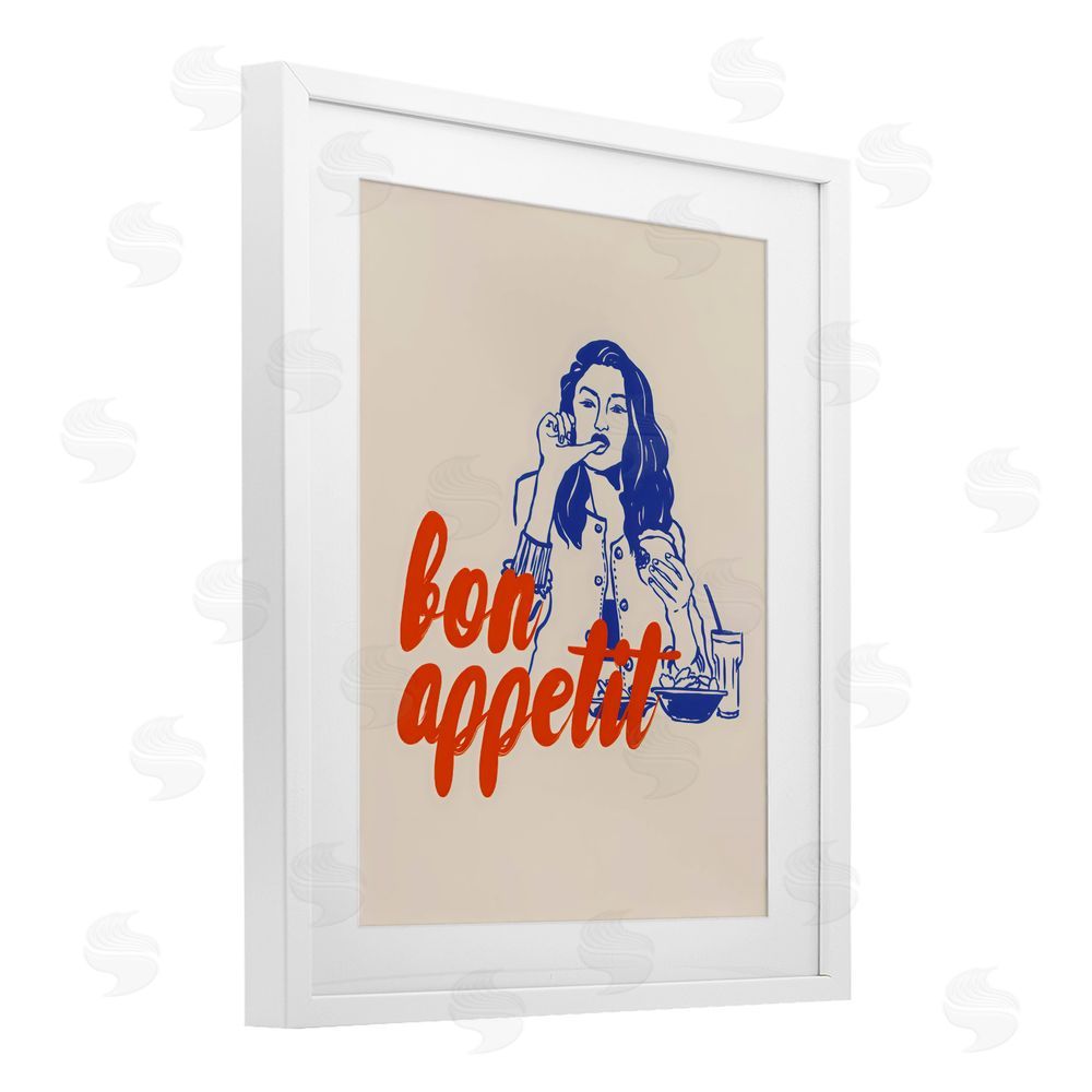 The Prints Vibe Bon Appetit Woman Enjoying Meal White Framed Print Under Glass with Matting Wall Art