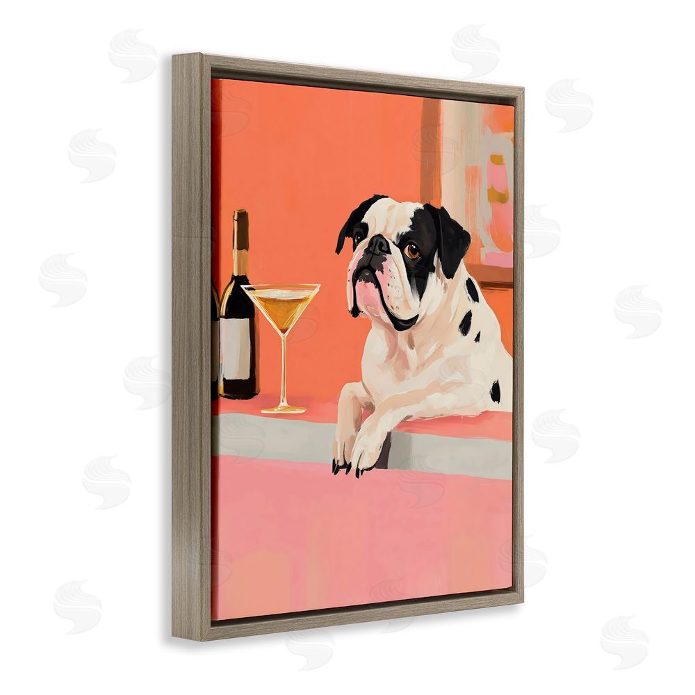 The Prints Vibe Bulldog at Martini Lounge Brown Floating Frame Stretched Canvas Wall Art Print