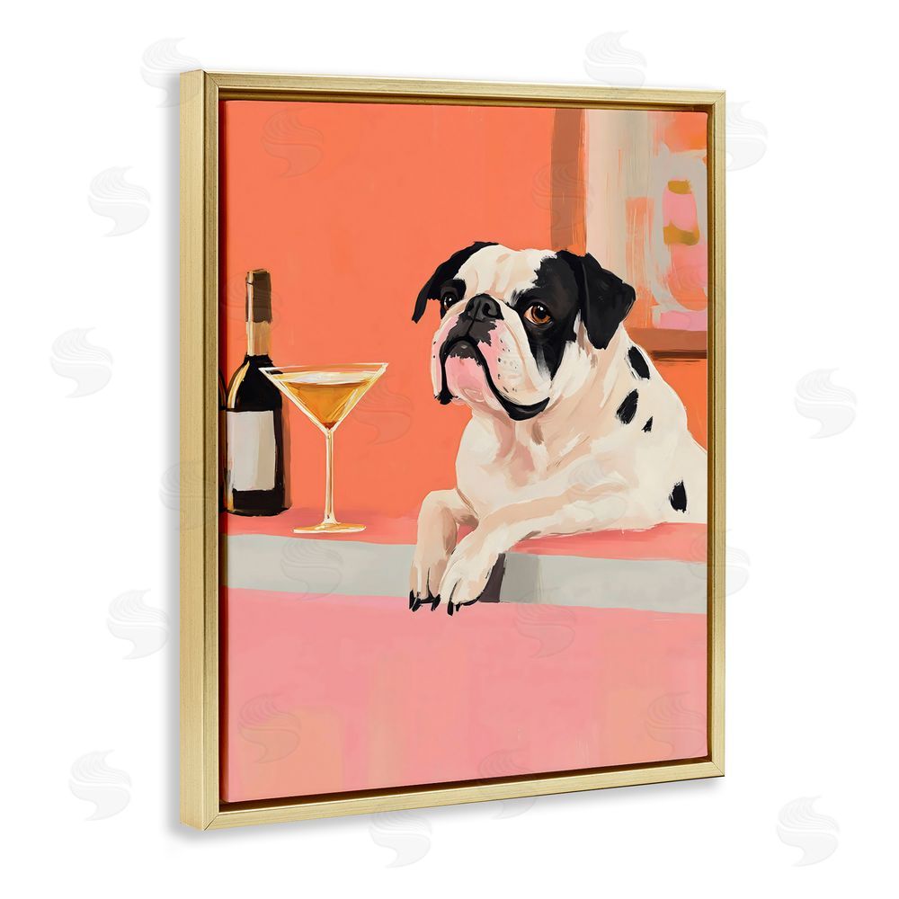 The Prints Vibe Bulldog at Martini Lounge Gold Floating Frame Stretched Canvas Wall Art Print