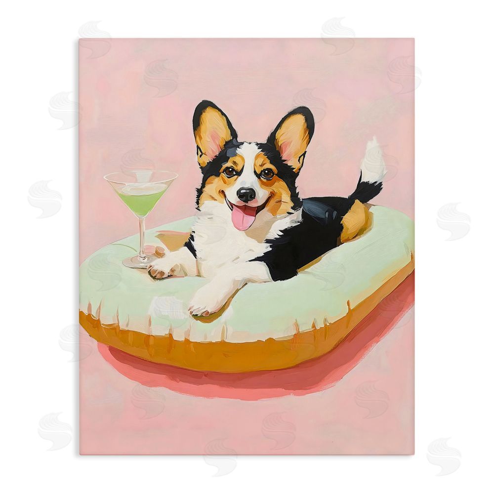 The Prints Vibe Pastel Corgi with Cocktail Stretched Canvas Wall Art