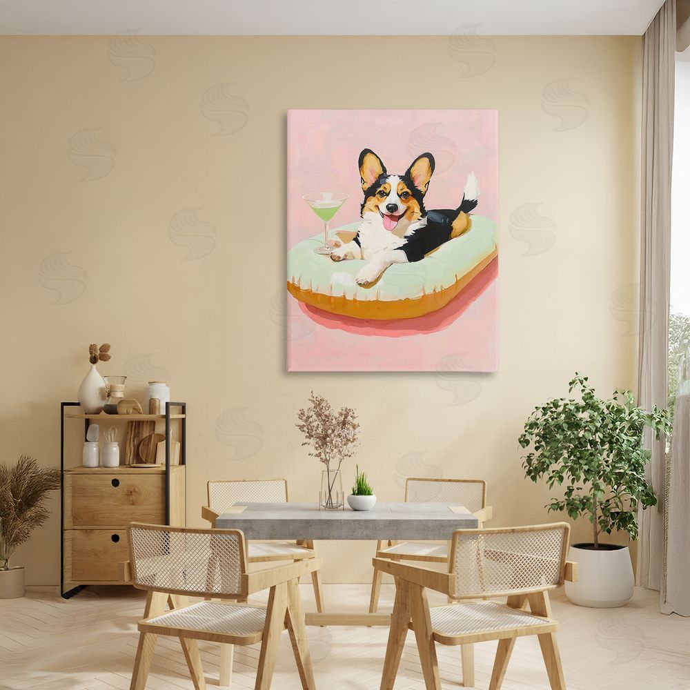 The Prints Vibe Pastel Corgi with Cocktail Stretched Canvas Wall Art in Room