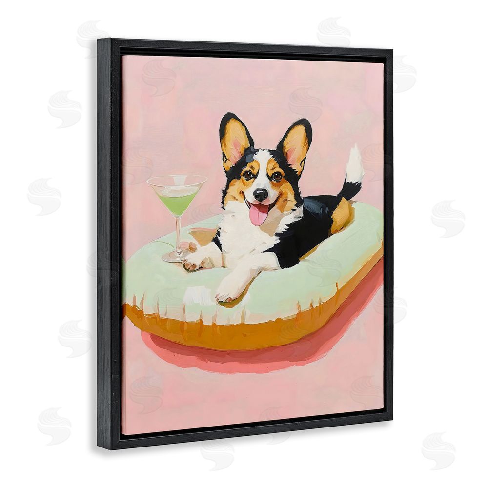 The Prints Vibe Pastel Corgi with Cocktail Black Floating Framed Canvas Wall Art