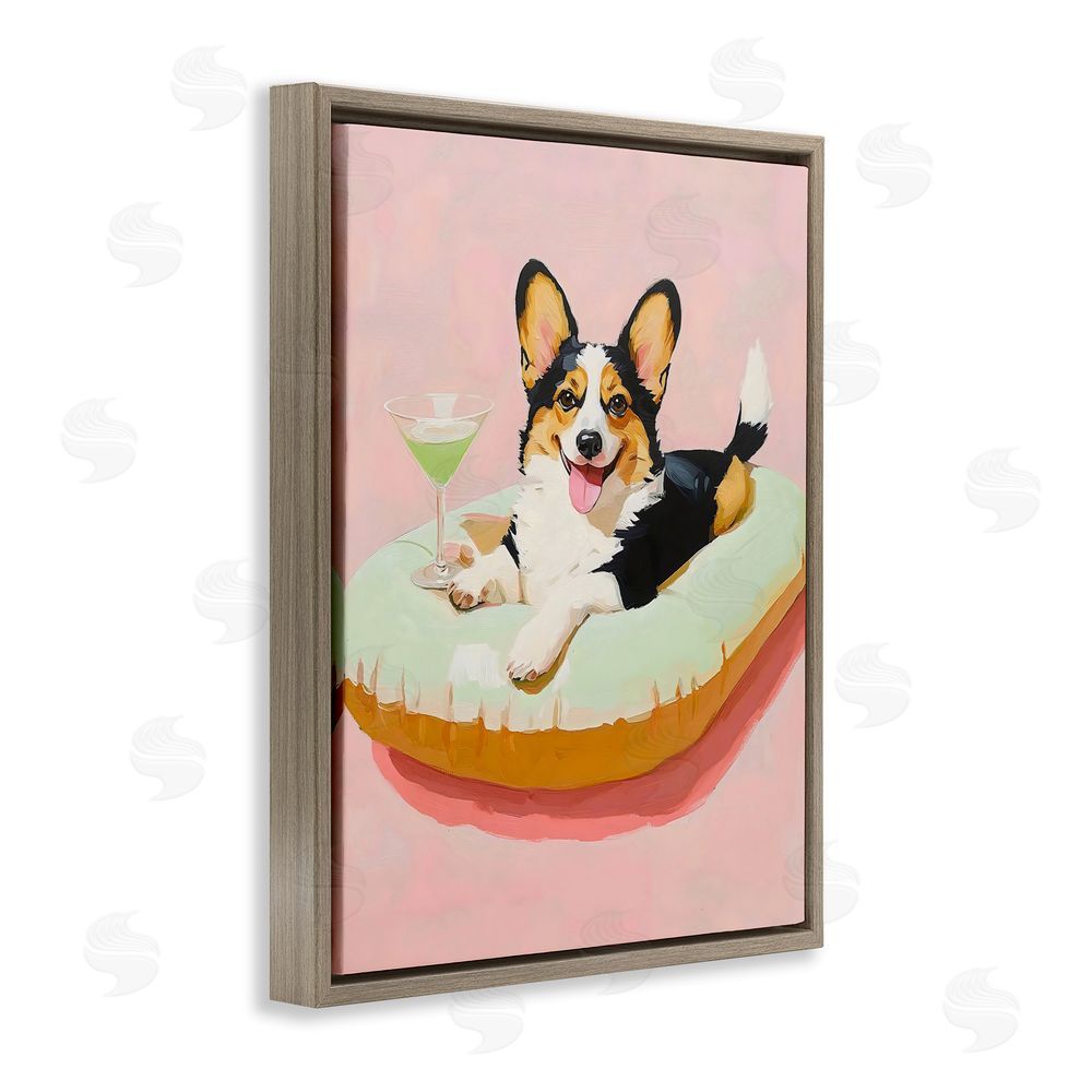 The Prints Vibe Pastel Corgi with Cocktail Brown Floating Framed Canvas Wall Art