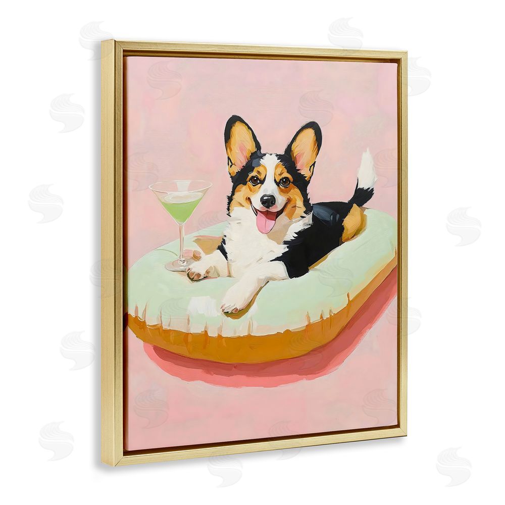 The Prints Vibe Pastel Corgi with Cocktail Gold Floating Framed Canvas Wall Art