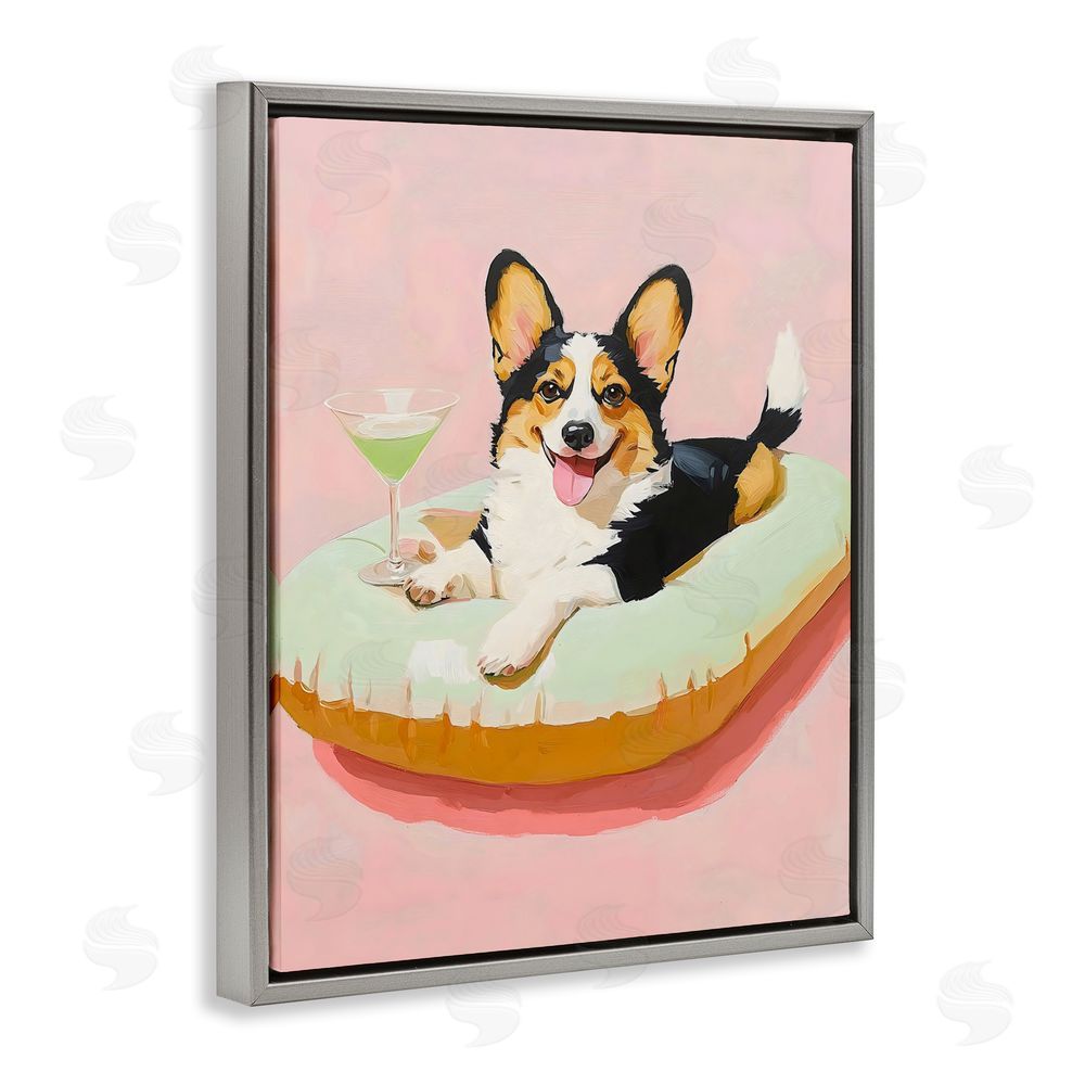 The Prints Vibe Pastel Corgi with Cocktail Gray Floating Framed Canvas Wall Art