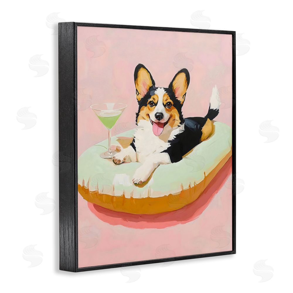 The Prints Vibe Pastel Corgi with Cocktail Black Framed Giclee Wall Art