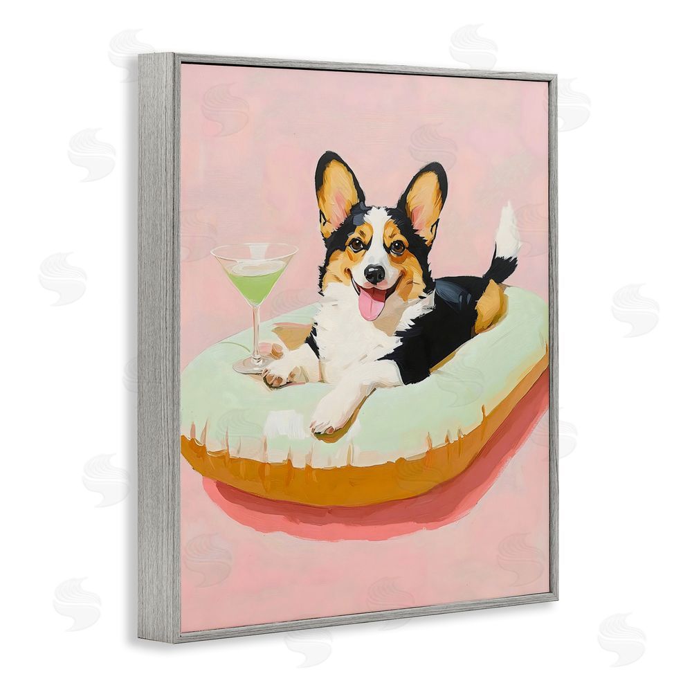The Prints Vibe Pastel Corgi with Cocktail Gray Framed Giclee Wall Art