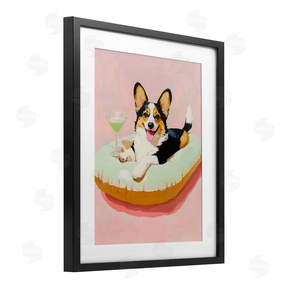 The Prints Vibe Pastel Corgi with Cocktail Black Framed Print Under Glass Wall Art