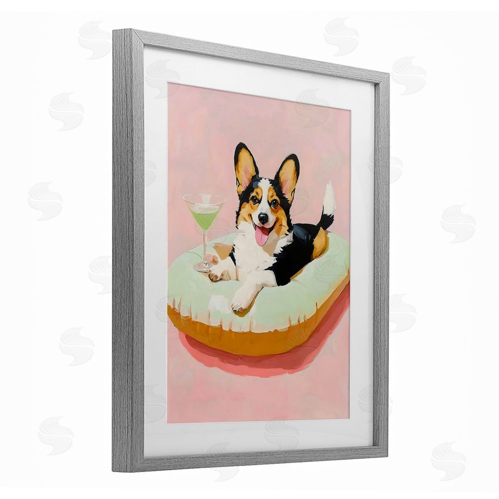 The Prints Vibe Pastel Corgi with Cocktail Gray Framed Print Under Glass Wall Art