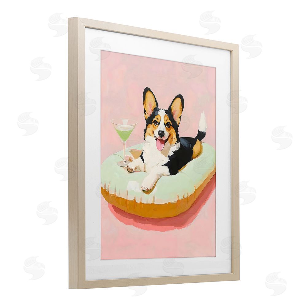 The Prints Vibe Pastel Corgi with Cocktail Brown Framed Print Under Glass Wall Art